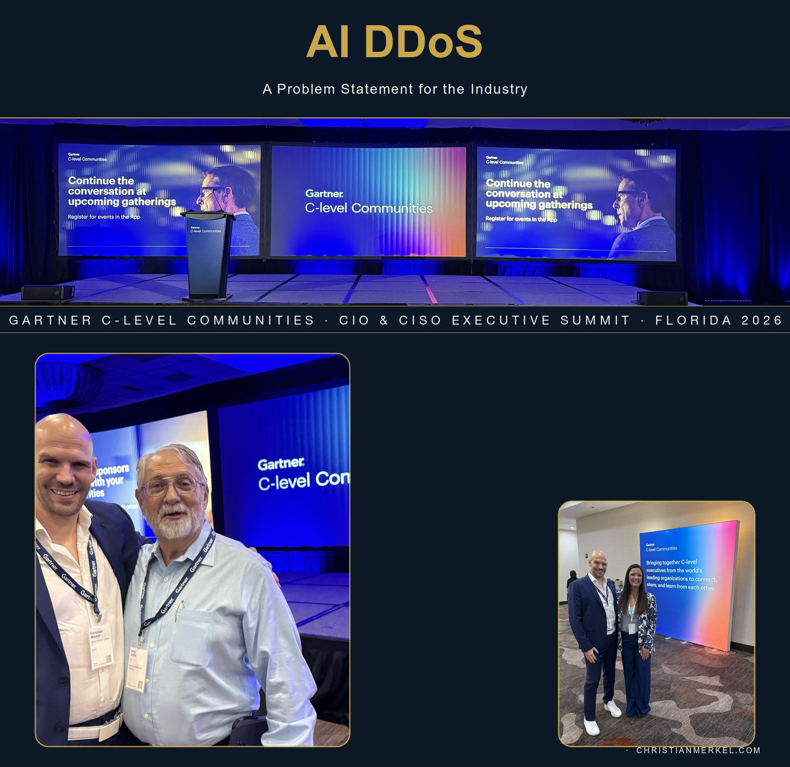 Florida CIO & CISO Executive Summit at Gartner C-Level Communities — Christian Merkel with industry veteran CIO Greg Taffet and Natalia Klein, stage and event collage, May 2026