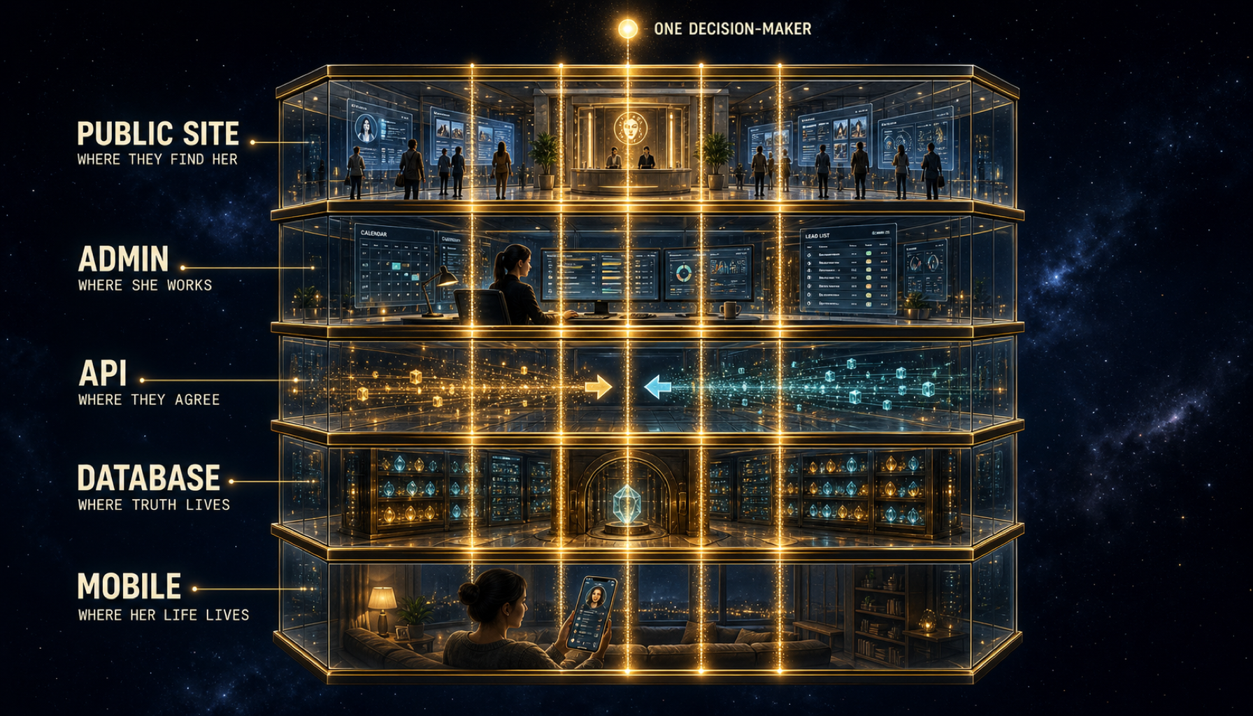 Cinematic illustration of the five-layer parity contract: Public Site, Admin, API, Database, Mobile, connected by gold parity threads