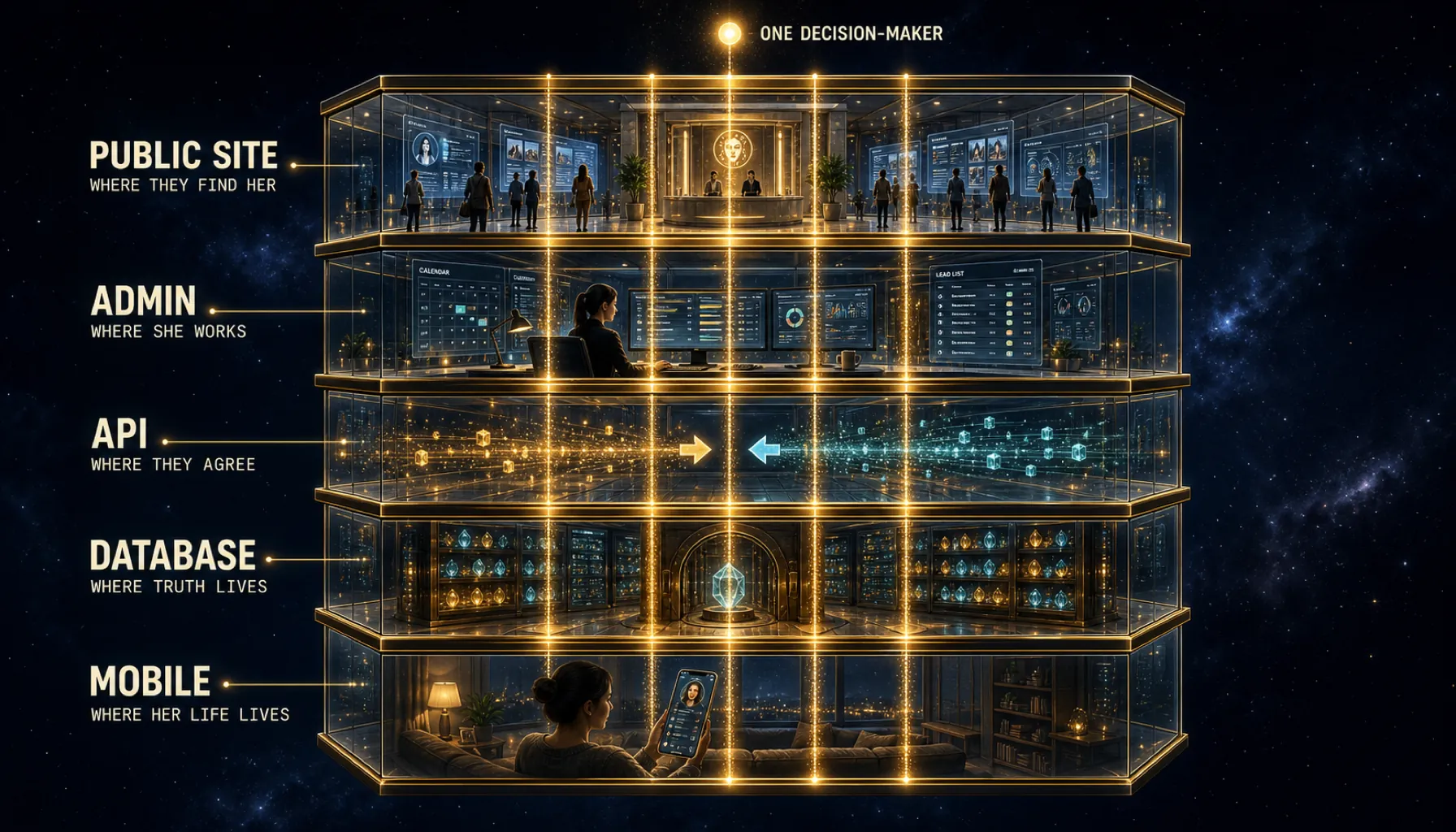The five-layer parity diagram — public site, admin, API, database, mobile, all in agreement.