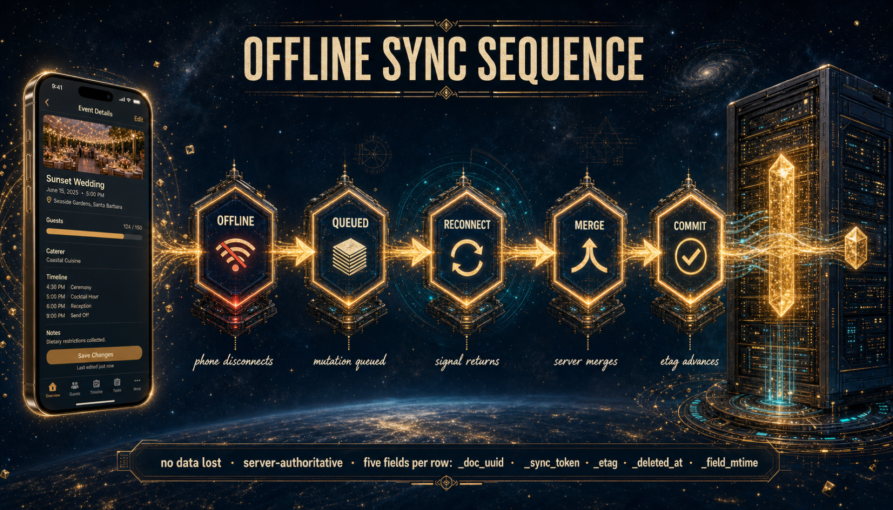 Cinematic illustration of the offline sync sequence: Offline, Queued, Reconnect, Merge, Commit — five-stage flow