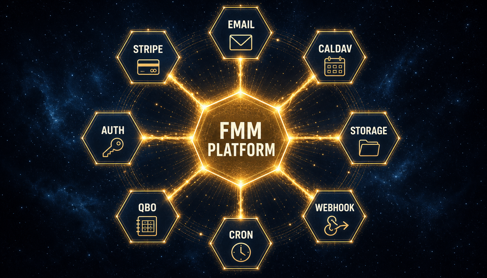 Cinematic illustration of the integration map: FMM Platform at center surrounded by Stripe, Email, CalDAV, Storage, Webhook, Cron, QBO, Auth