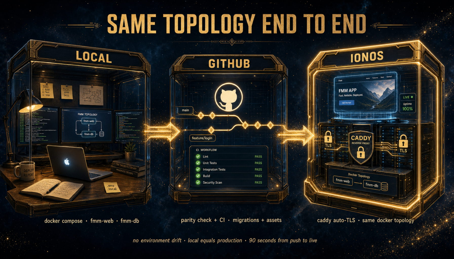 Cinematic illustration of the deployment topology: Local, GitHub, IONOS — same docker topology end to end, no environment drift