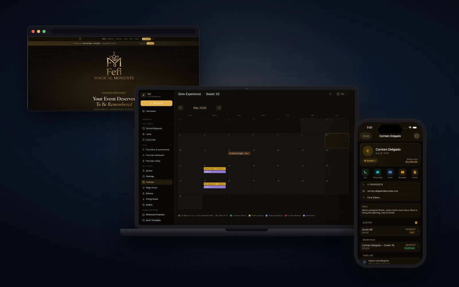 Fefi Magical Moments — public site, web admin, and native iOS app side by side