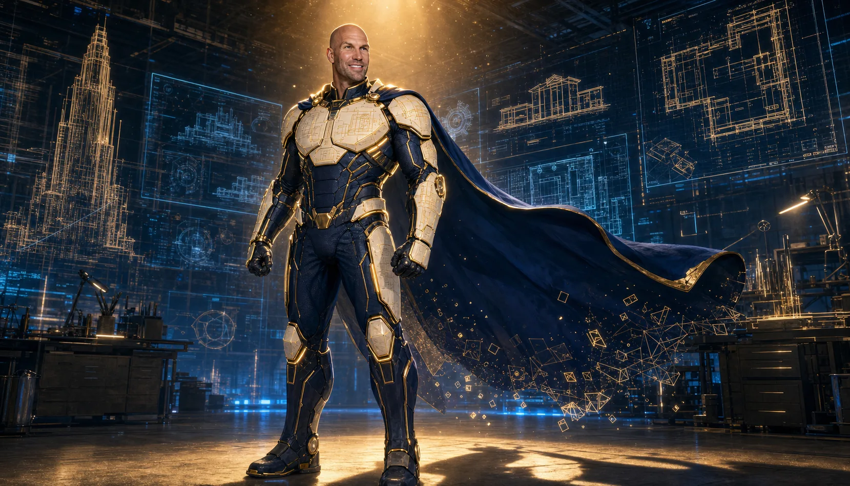 Chris in his armored exoskeleton suit — the first version of the suit metaphor visualized.