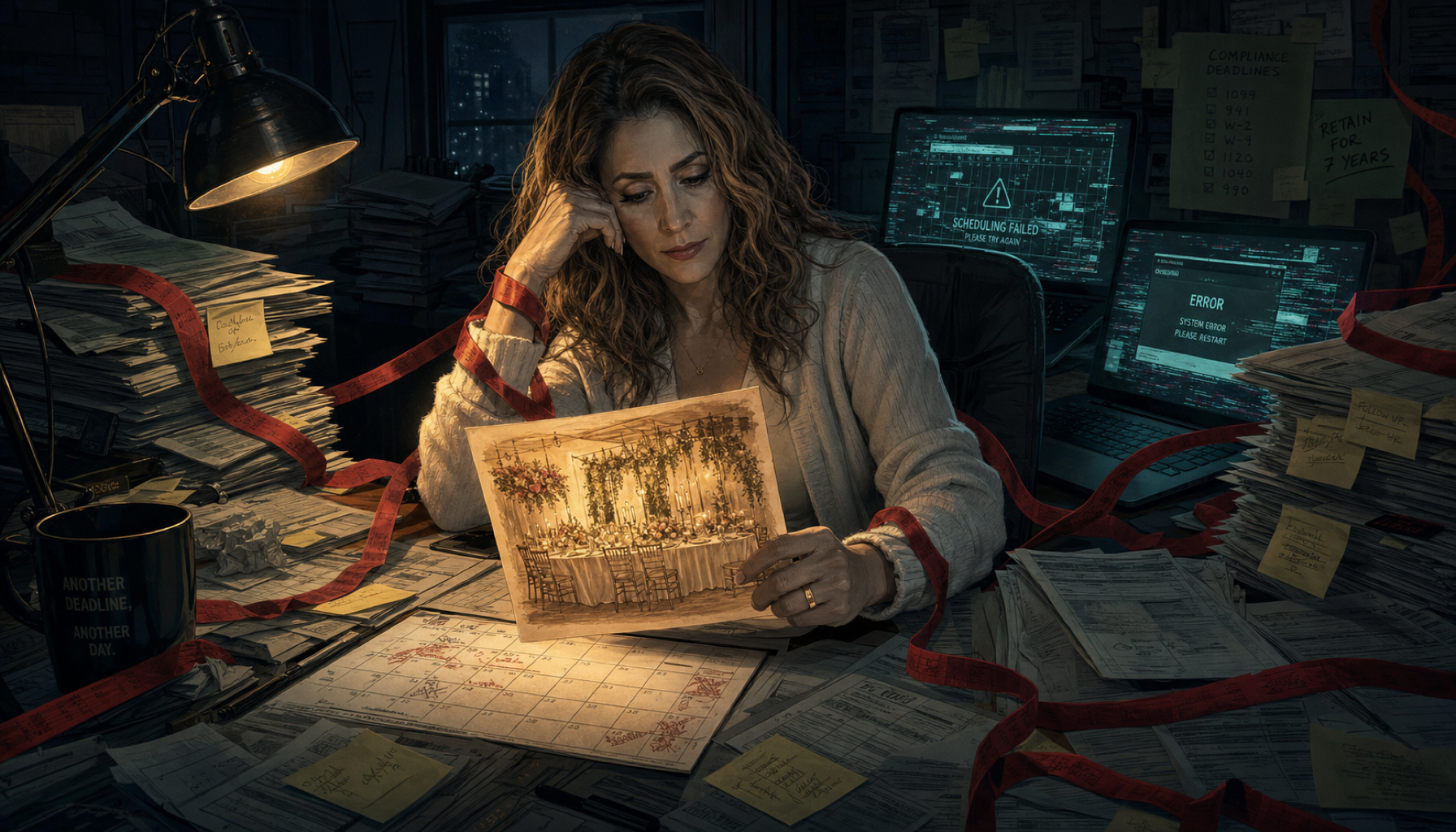 Fefi at her desk late at night, surrounded by paperwork and red tape, the joy of her work draining