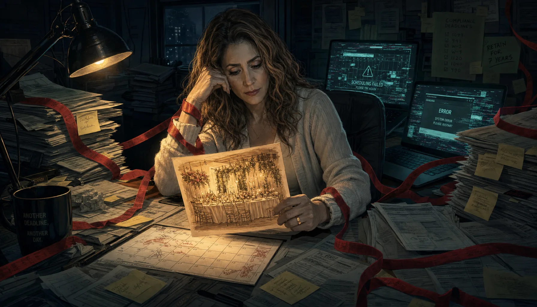 Fefi worn down at her desk late at night — exhaustion that doesn't show in public.