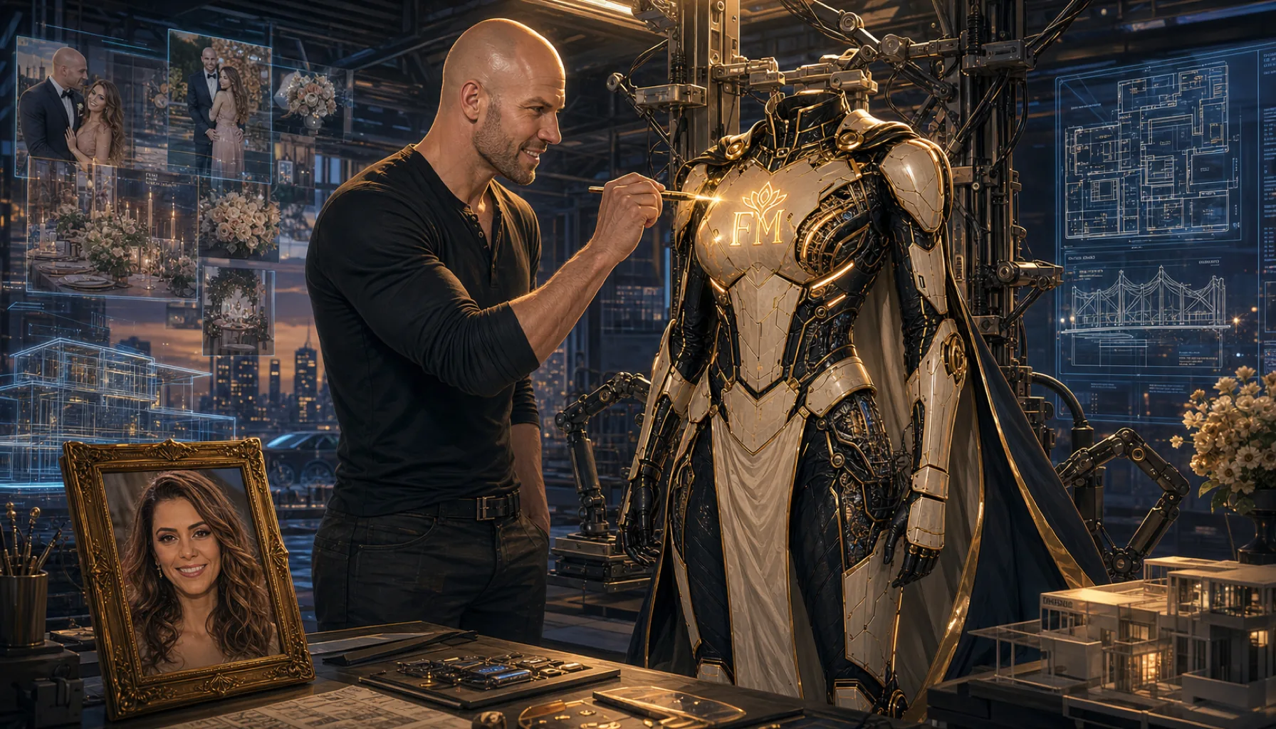 Chris in his lab building Fefi's exoskeleton — robotic arms, blueprints, the FM monogram glowing on the chestplate.
