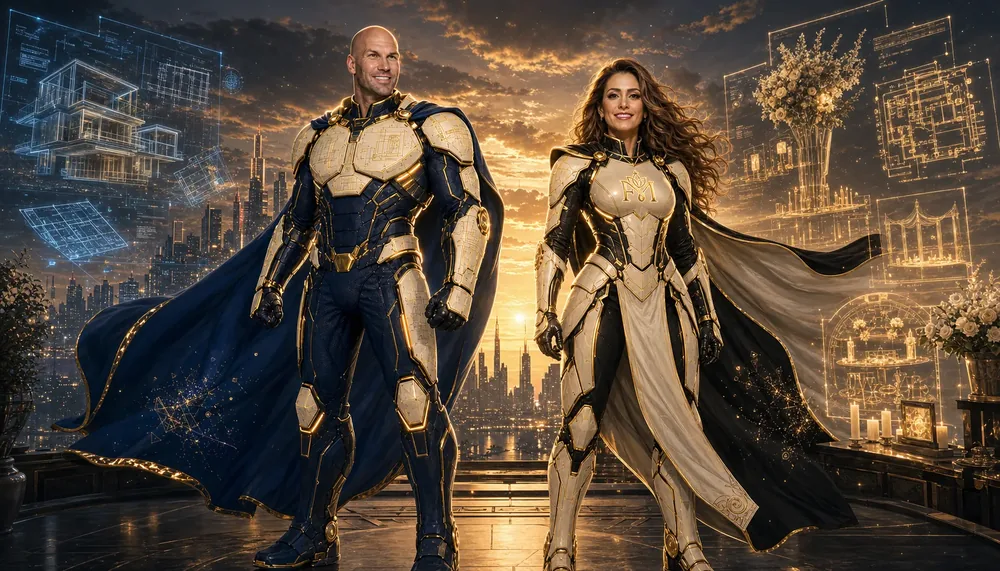 Chris and Fefi standing together in mirror composition, both in technological armor — Iron Man and Ironheart