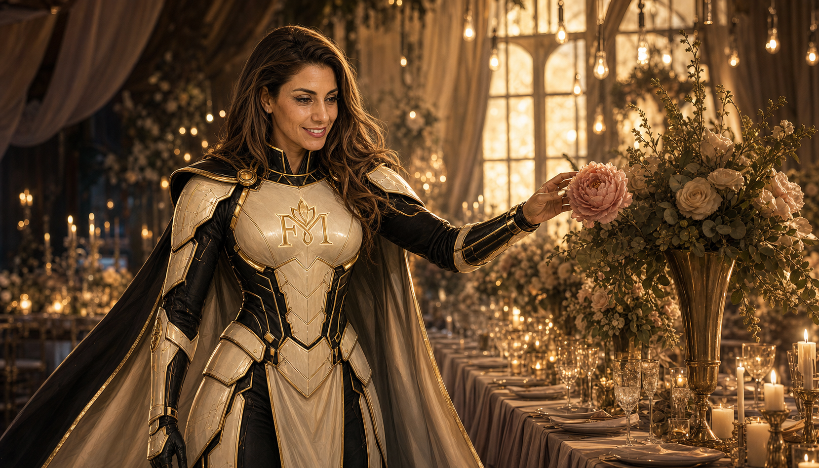Fefi at an event venue at evening, in her Ironheart armor, arranging flowers on a banquet table, fully in her flow as the artist