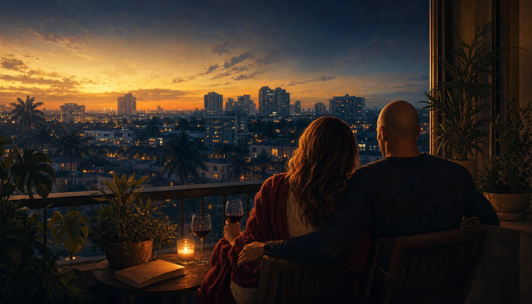 Chris and Fefi on a balcony at twilight