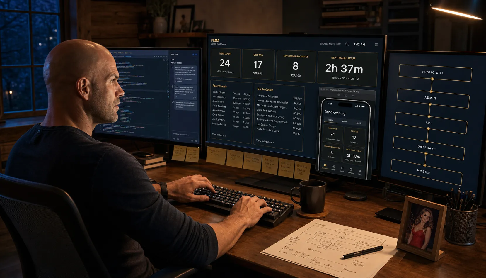 Christian at his desk — three monitors, sticky notes, code on screen, a photo of Fefi in a frame.