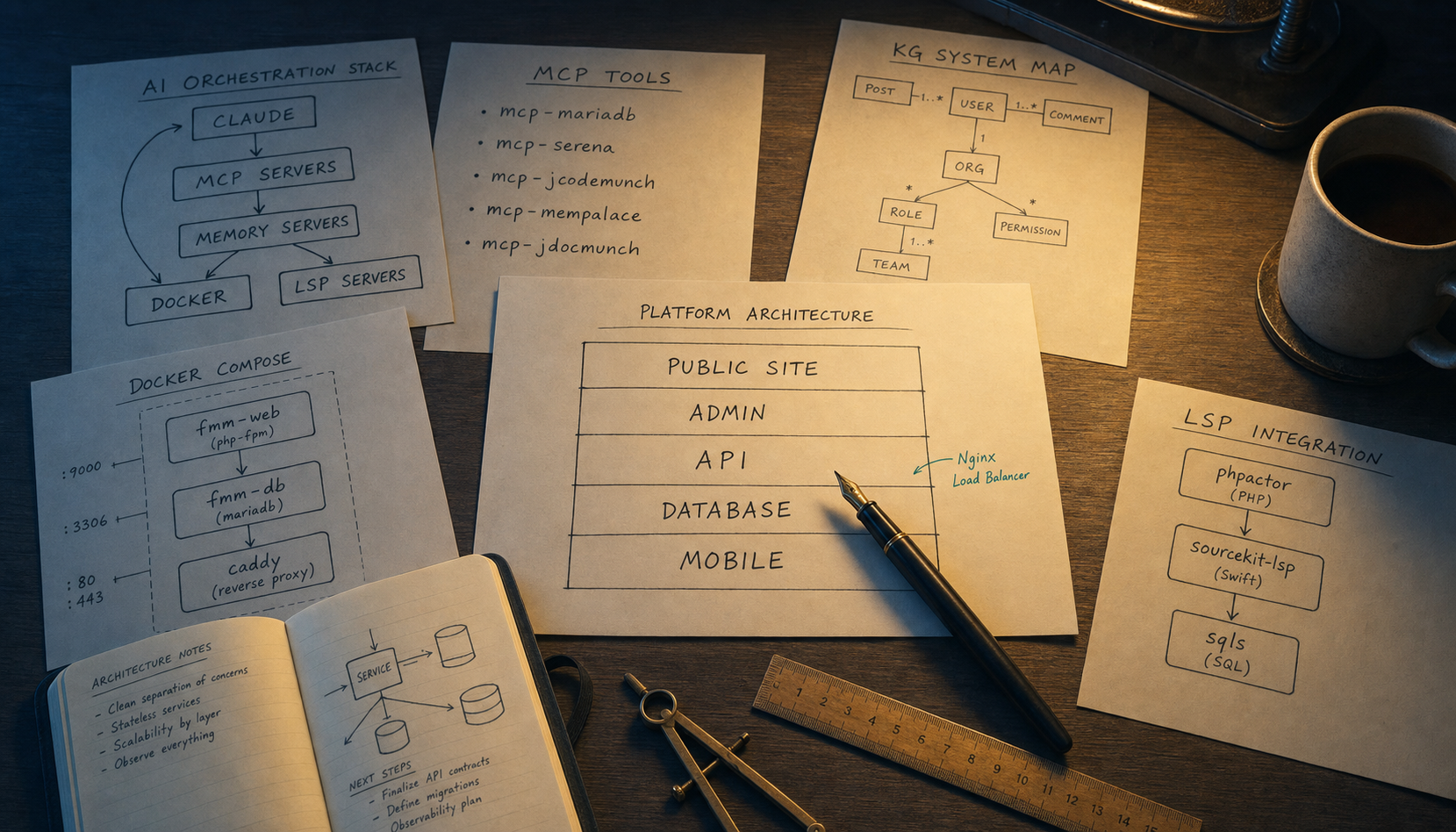 A hand-drawn architectural sketch of the five layers on premium paper, lit by a warm desk lamp