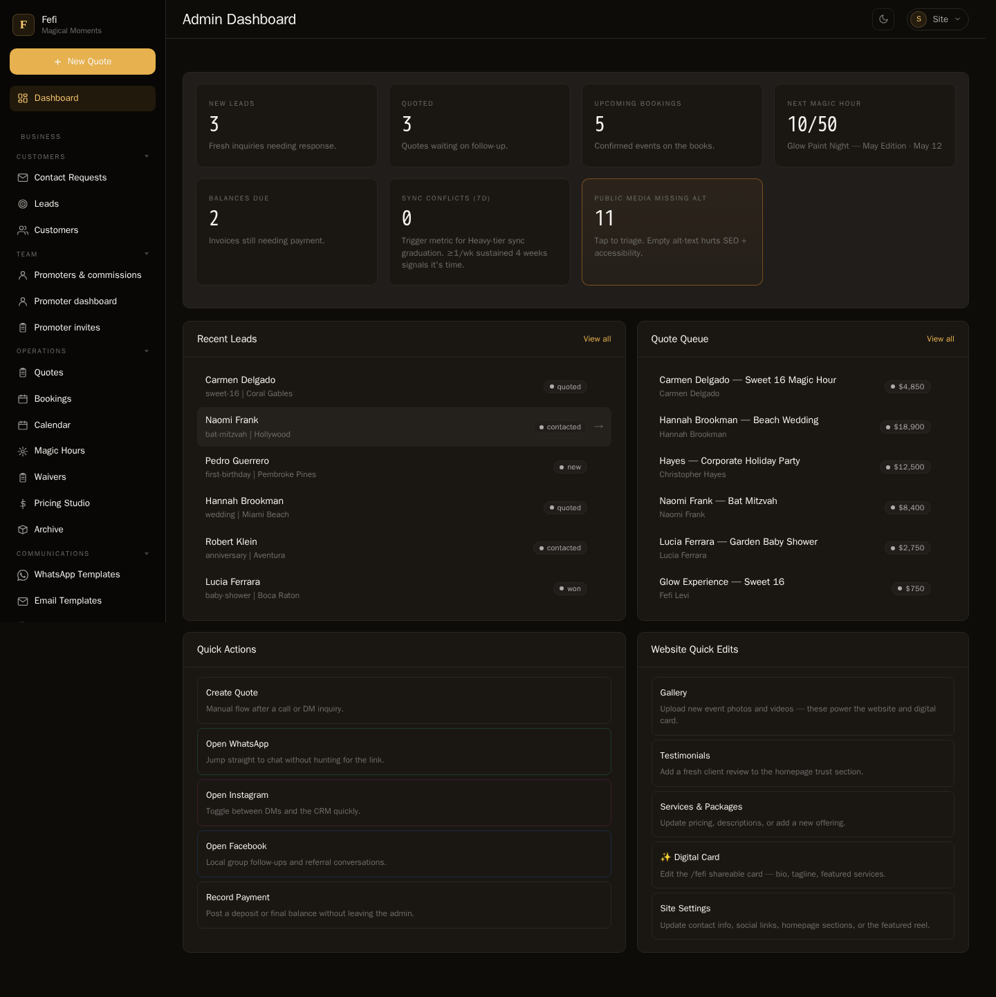 Admin dashboard showing 3 new leads, 3 quoted, 5 upcoming bookings, $4,850 quote queue