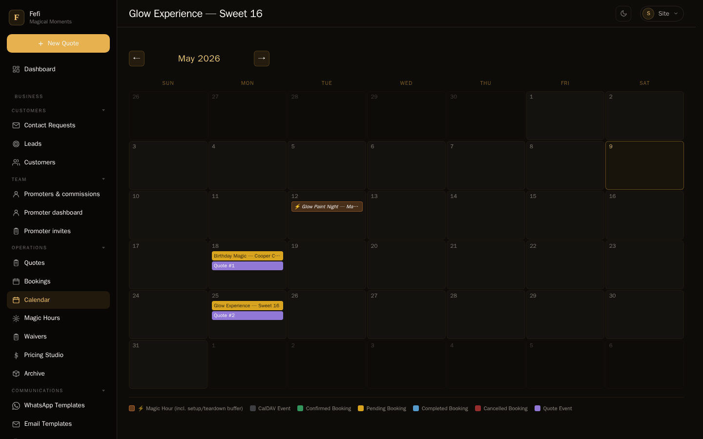 Admin calendar showing May 2026 with Glow Paint Night, Birthday Magic, Glow Experience events