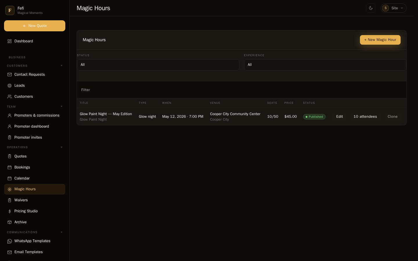 Magic Hours list showing Glow Paint Night May Edition, 10 of 50 attendees, $45 ticket, Published