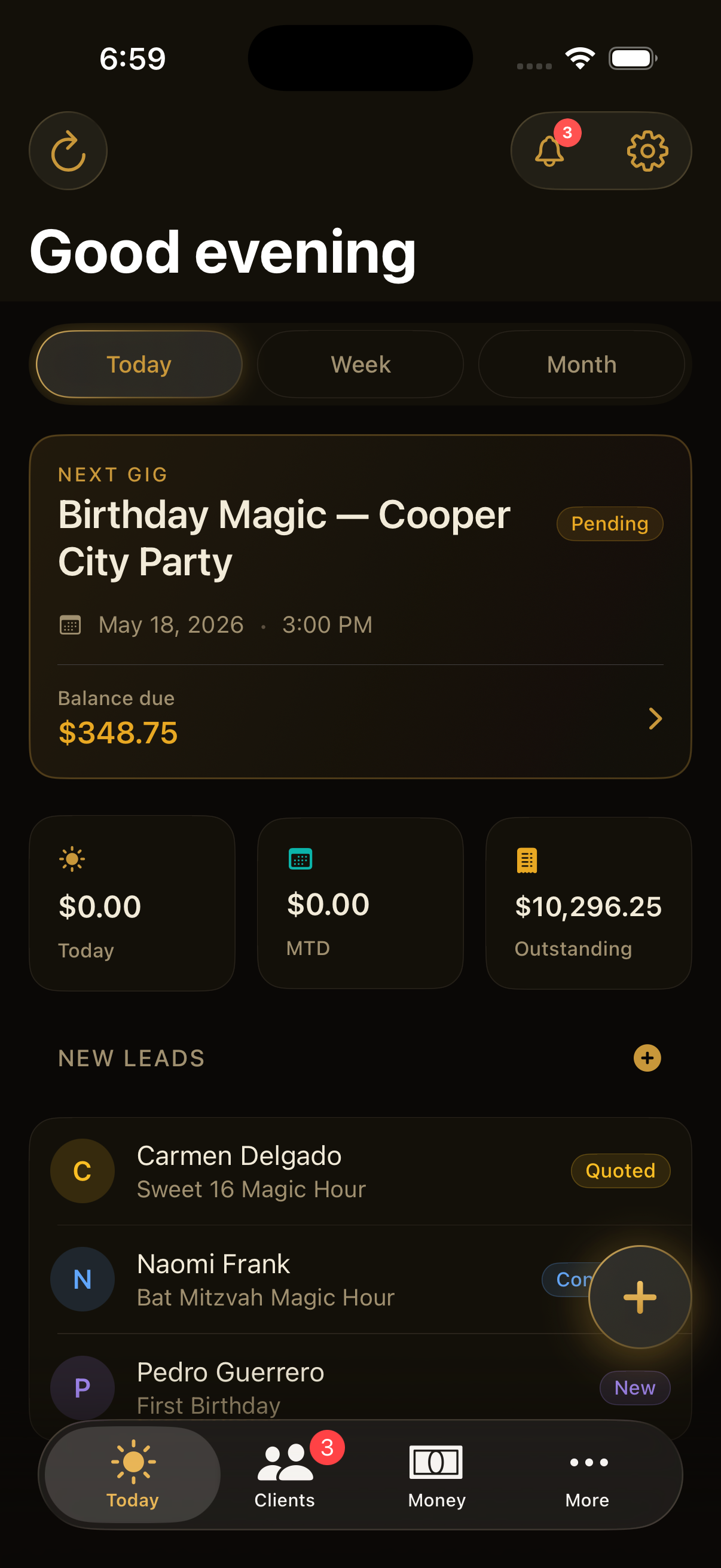 iOS app Today screen showing Good evening, Birthday Magic event, balance due, KPIs, and lead list