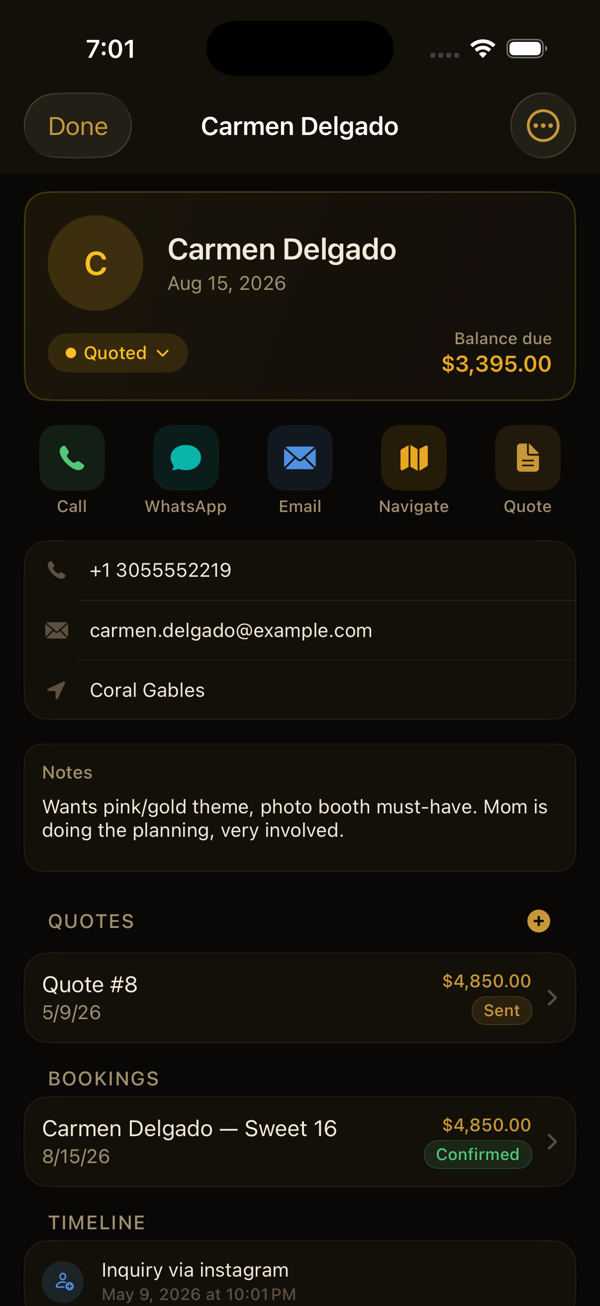 iOS customer detail showing Carmen Delgado, balance due, action buttons, quote and booking