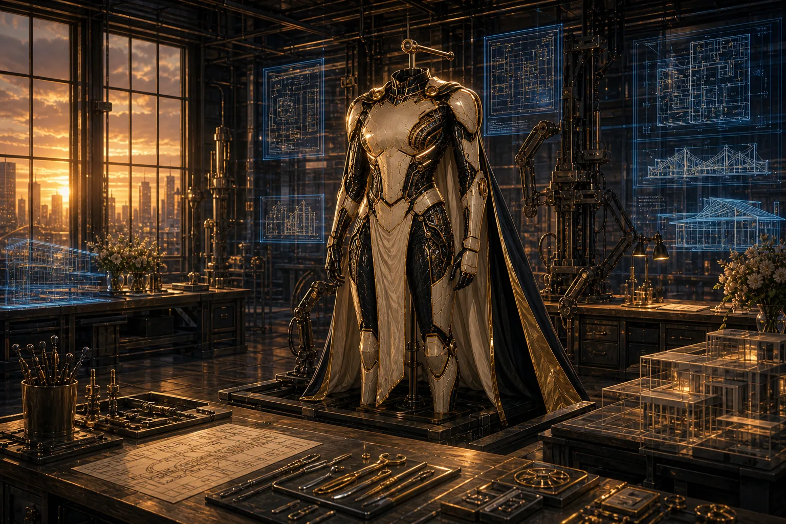 An empty workshop at sunset — the suit on its stand, tools laid out, waiting for someone to step in.